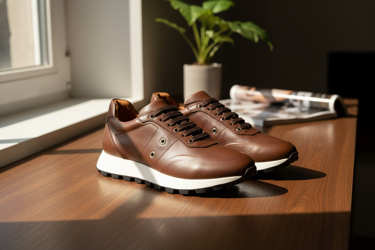 Seitenansicht eines hellbraunen Soft‑Leder‑Sneakers, zeigt die geschmeidige Silhouette