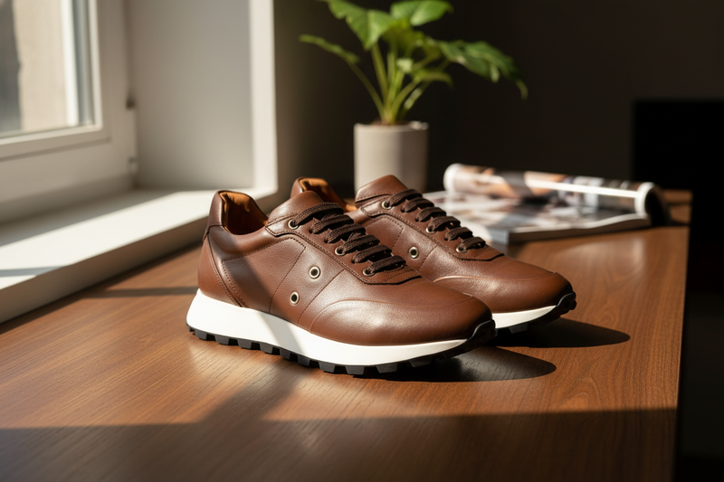 Seitenansicht eines hellbraunen Soft‑Leder‑Sneakers, zeigt die geschmeidige Silhouette