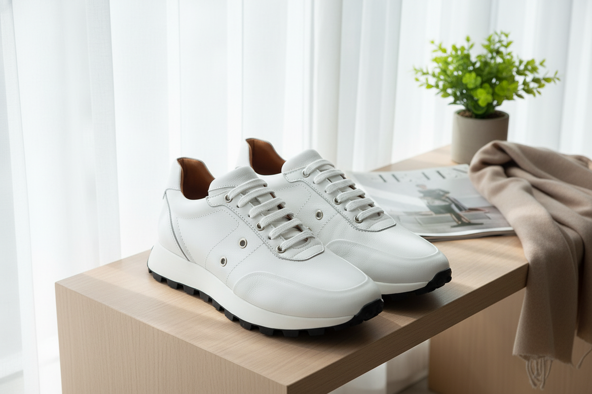 Nahaufnahme der Lederdecksohle des Sneakers, zeigt hochwertige Verarbeitung.