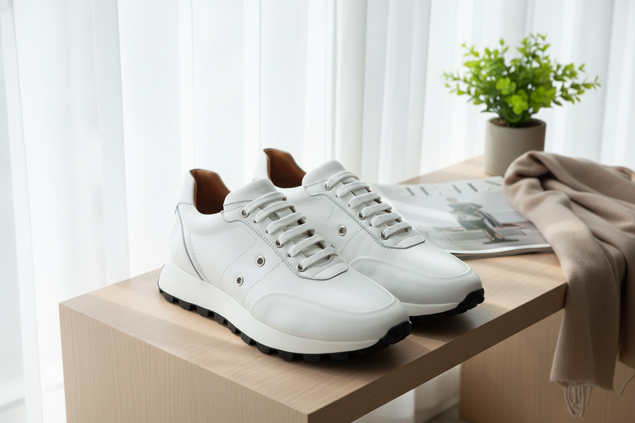 Nahaufnahme der Lederdecksohle des Sneakers, zeigt hochwertige Verarbeitung.