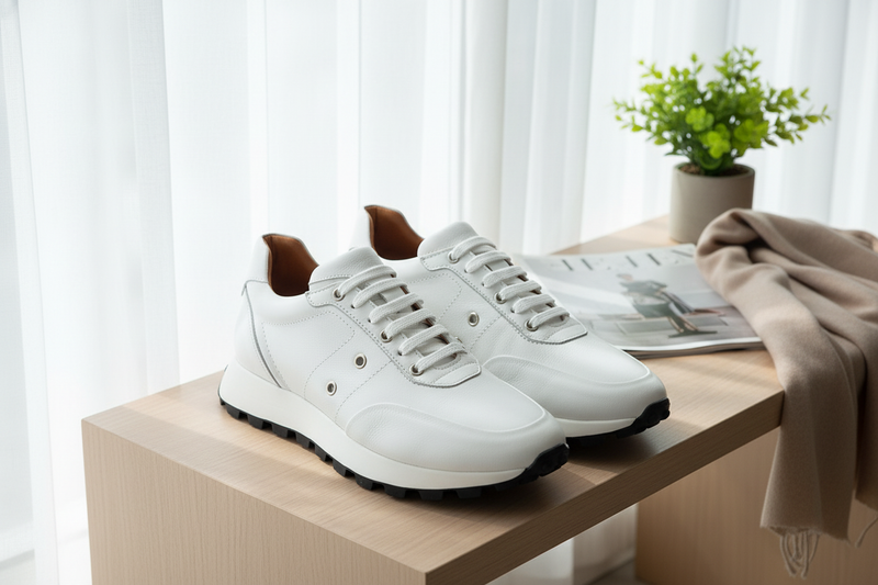 Nahaufnahme der Lederdecksohle des Sneakers, zeigt hochwertige Verarbeitung.