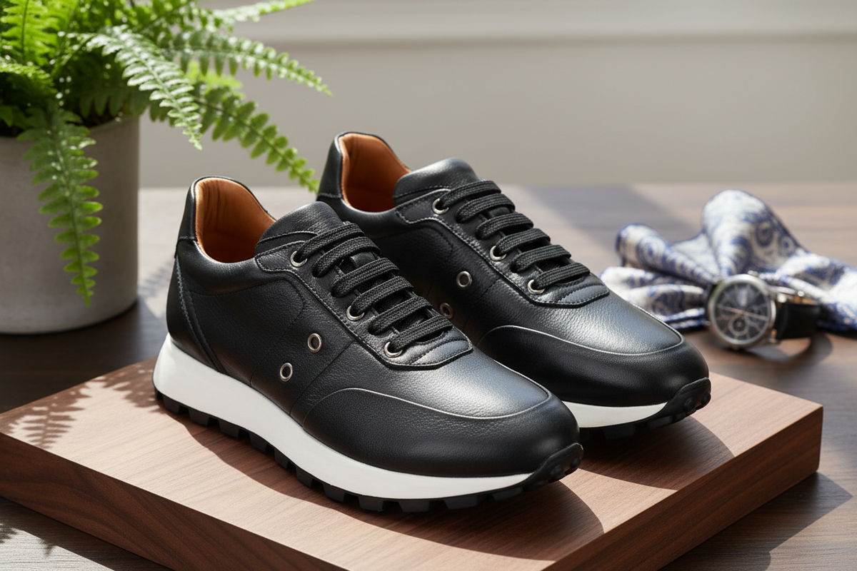 Schwarzes Sneaker-Design mit eleganter Rundspitze, detailierte Vorderansicht.