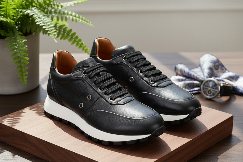 Schwarzes Sneaker-Design mit eleganter Rundspitze, detailierte Vorderansicht.