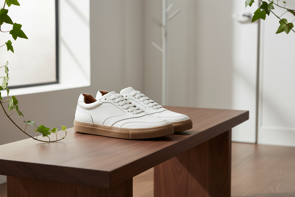 Seitliche Ansicht des Sneakers mit feiner Lederstruktur