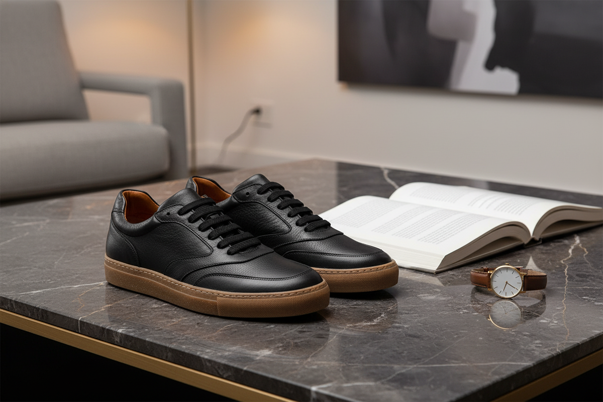 Sneaker aus Schwarz, seitliche Ansicht mit Rundspitze