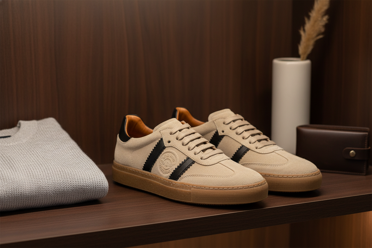 Seitliche Ansicht des Sneakers mit weichem Rindsleder und Kautschuk‑Rubbersohle