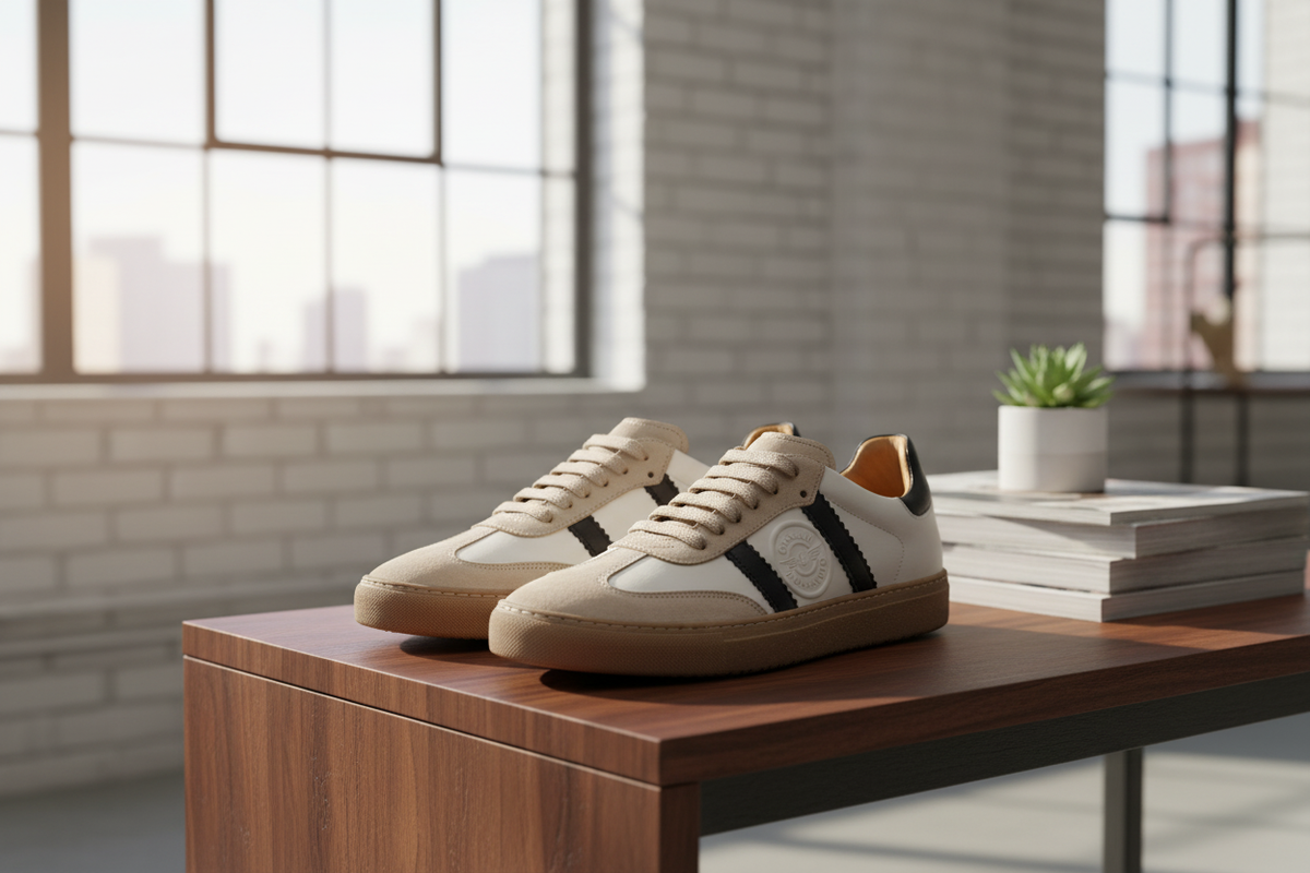 Seitliche Ansicht des Sneakers mit klarer Rundspitze und feinem Kautschuk-Rubber-Laufsohle