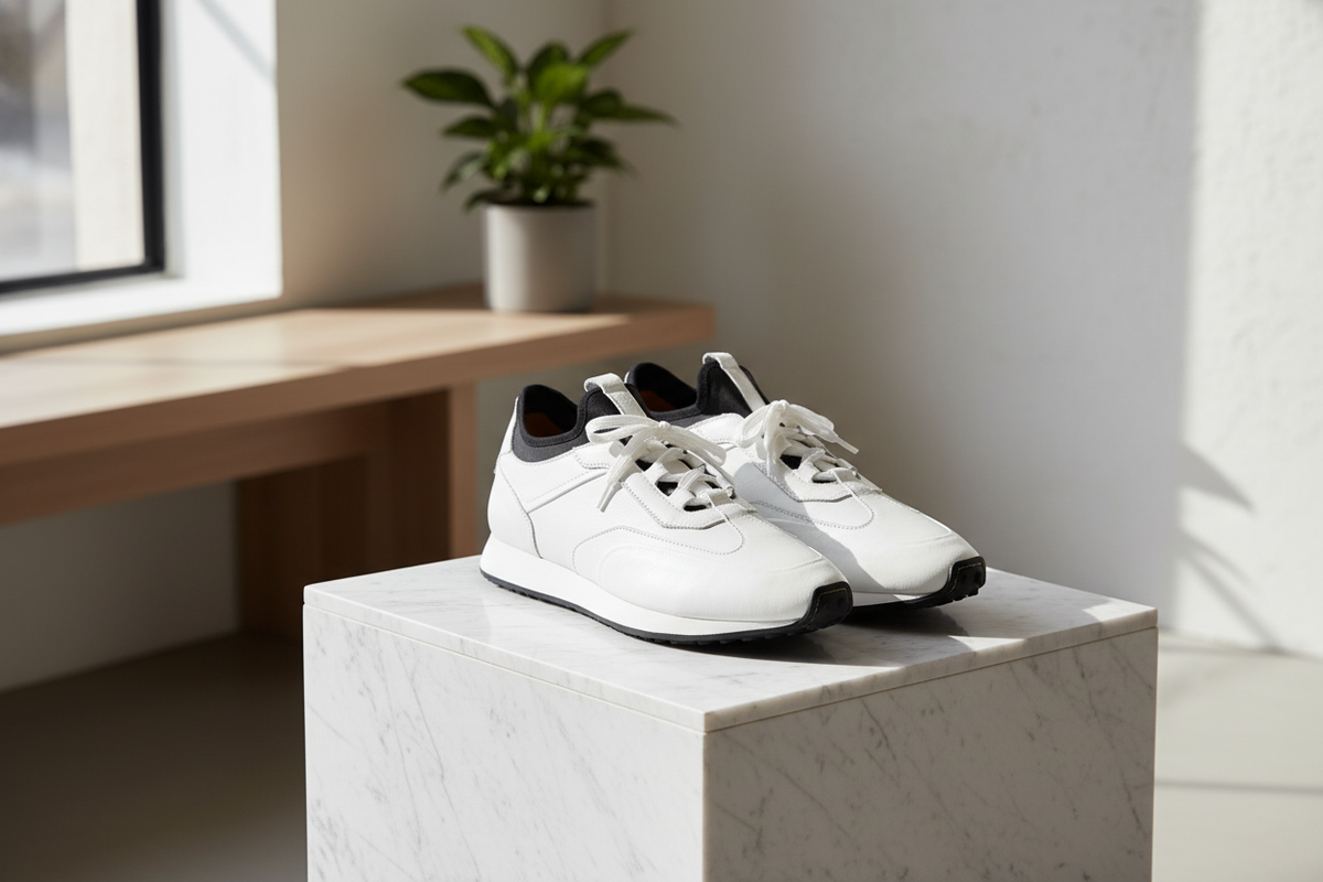 Seitliche Ansicht des handgefertigten Sneakers mit feinem Leder