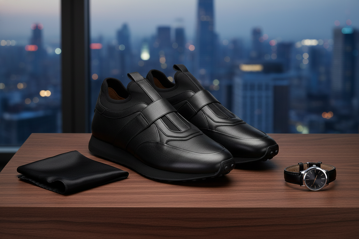 Profilansicht des Sneakers, elegante Silhouette in Schwarz.