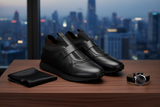 Profilansicht des Sneakers, elegante Silhouette in Schwarz.