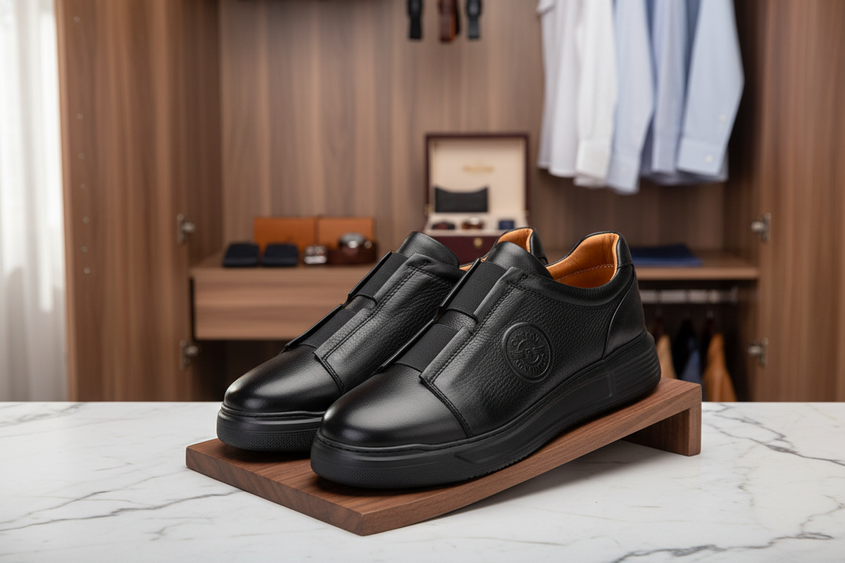 Vue de côté de la sneaker noire à bout rond et fermeture slip-on.