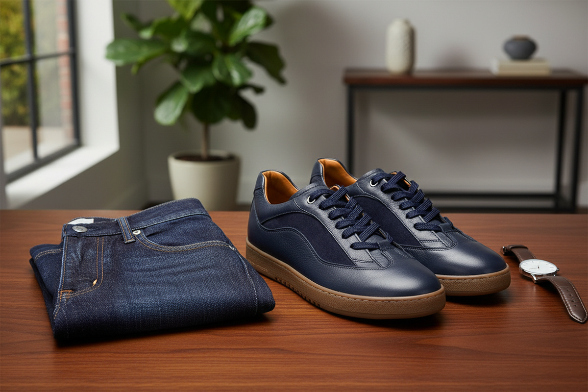 Seitliche Ansicht des Navy-Blue Sneakers mit Rundspitze und geschnürtem Verschluss