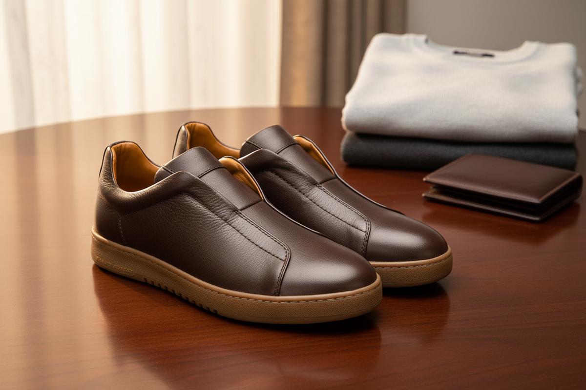 Vue de côté de la sneaker marron à bout rond et semelle d'usure Kauchuk Rubber