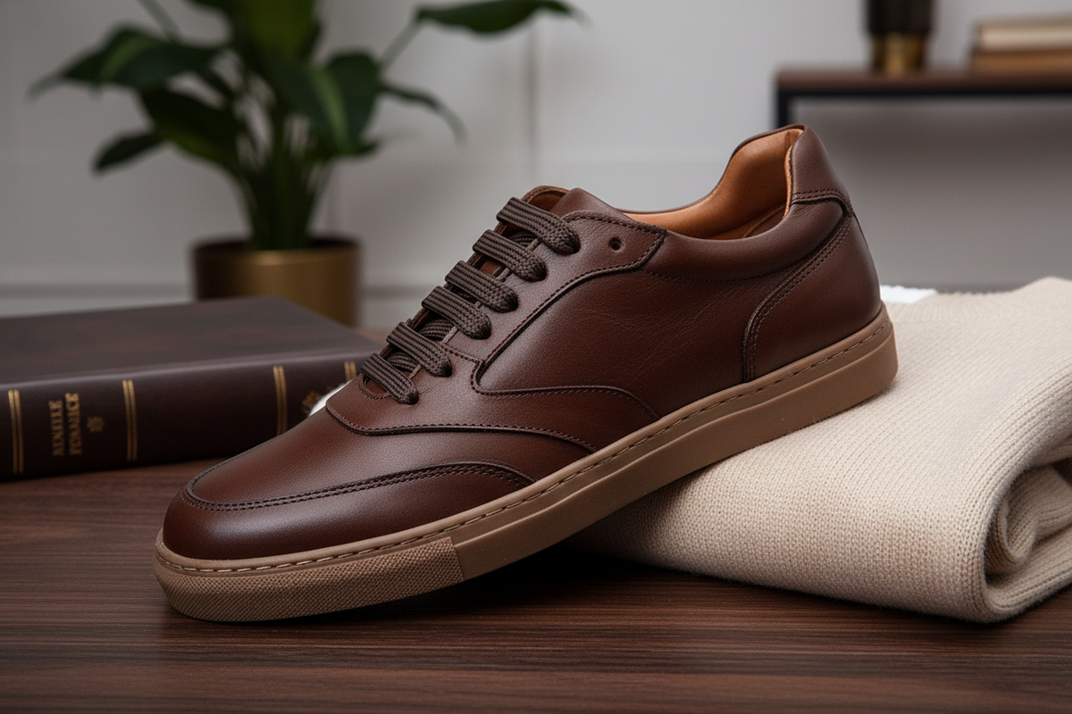 Sneaker auf neutralem Hintergrund, Fokus auf die Kautschuk‑Rubbersohle.