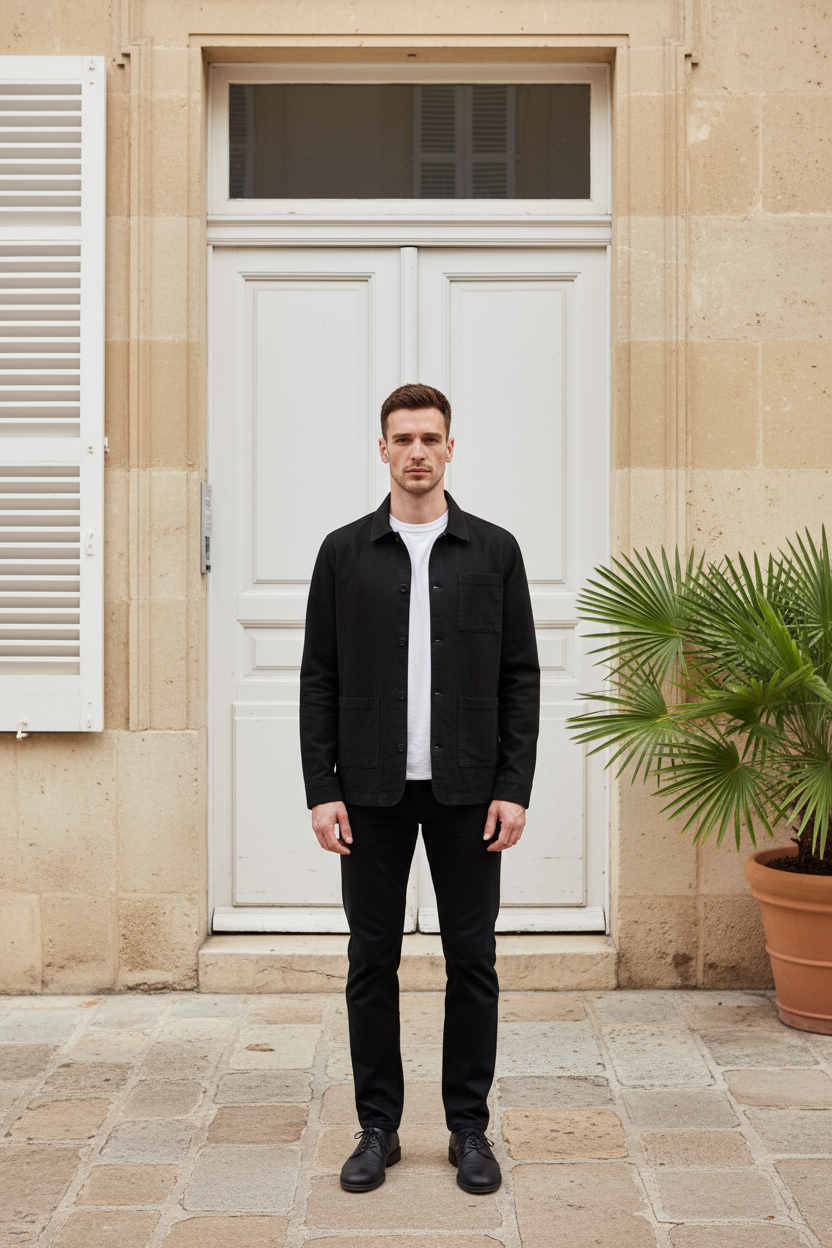 Vue latérale de la chemise-veste avec manches longues et quatre poches latérales