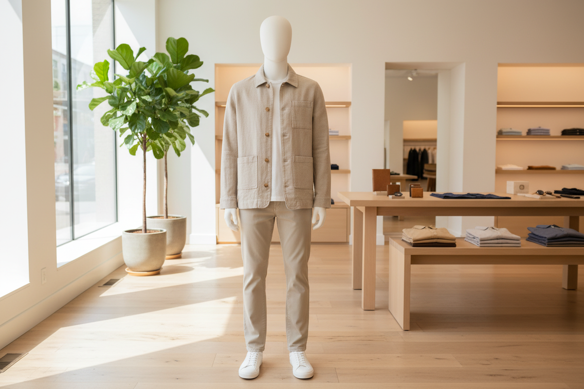 Vue arrière de la chemise-veste avec col Kent et quatre poches latérales, lin beige