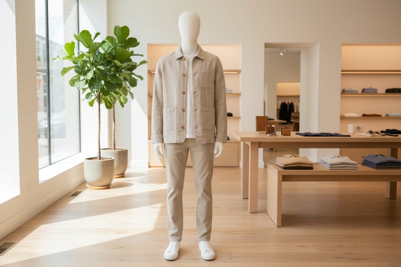 Rückansicht der Hemdjacke mit Kent-Kragen und vier Seitentaschen, beige Leinen
