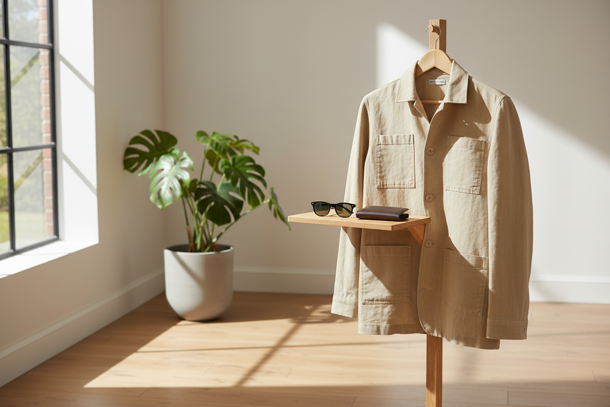 Détail du boutonnage à l'avant de la chemise-veste – 100 % lin