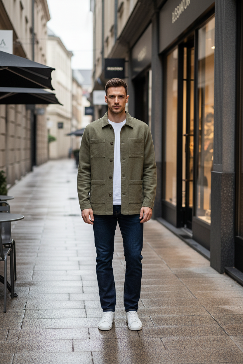 Profil latéral de la chemise-veste montrant les quatre poches latérales et la fermeture boutonnée fluide.