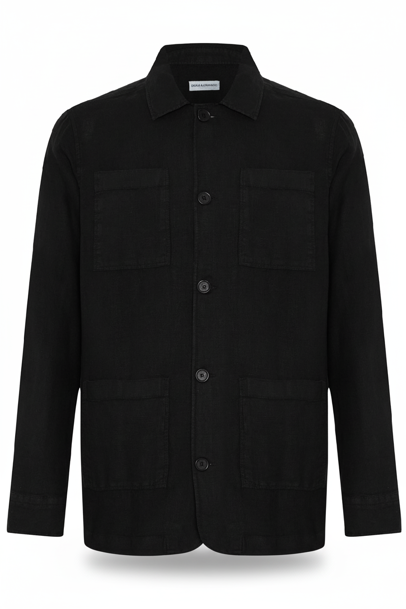 Vue de face de la chemise-veste noire en 100 % lin avec col Kent