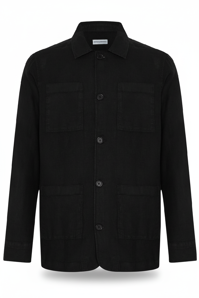 Vorderansicht der schwarzen Hemdjacke aus 100 % Leinen mit Kent-Kragen