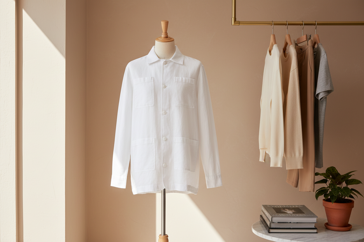 Chemise-veste sur fond neutre, mise au point sur le boutonnage
