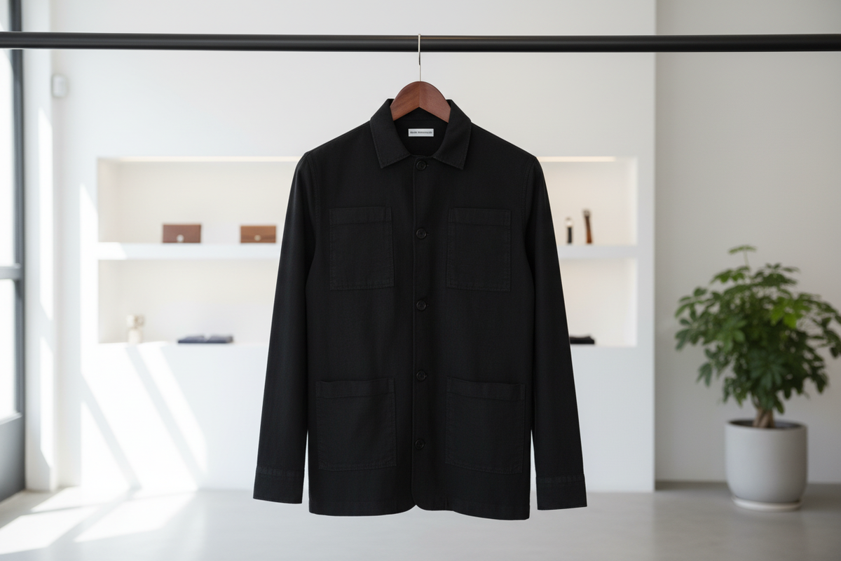 Le modèle porte la chemise-veste noire en lin dans une pose décontractée