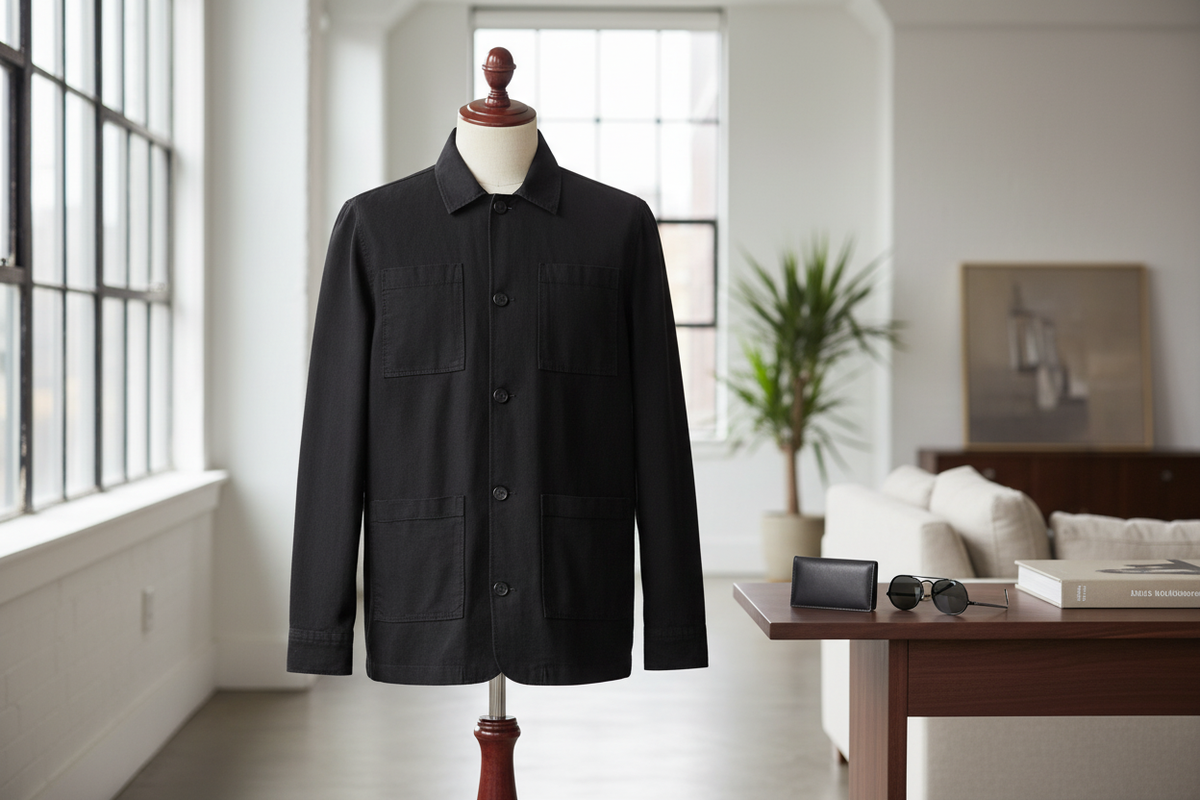 Gros plan sur le tissu en lin de la chemise-veste – texture fine