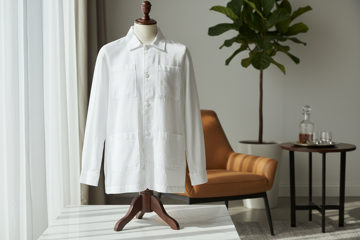 Gros plan sur la poitrine de la chemise-veste en lin