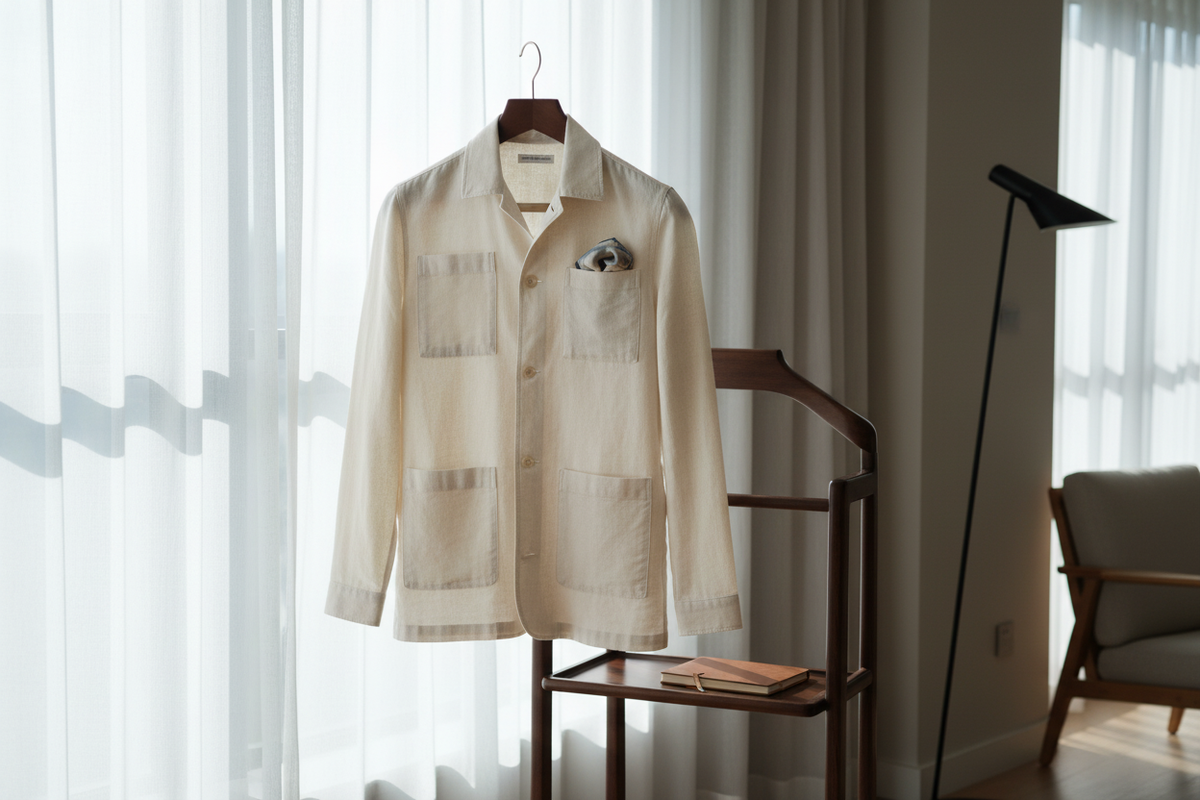 Gros plan de la poche poitrine avec fermeture boutonnée – détail de la chemise-veste en lin