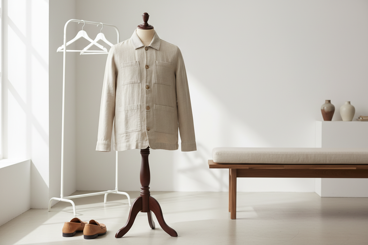 Vue de face de la chemise-veste avec manches longues – tissu en lin beige