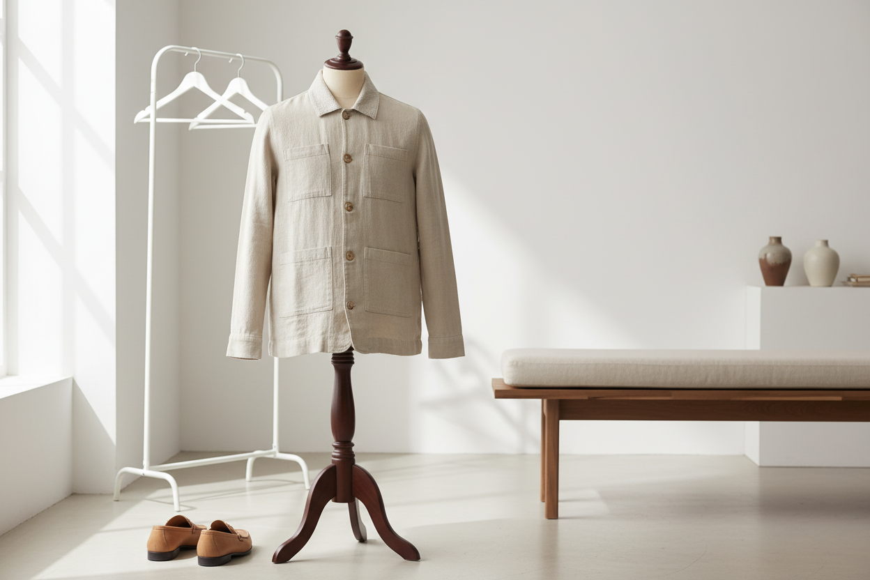 Vorderansicht der Hemdjacke mit langen Ärmeln – Leinenstoff in Beige