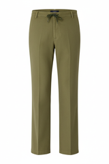 Leinenhose in Khaki, Vorderansicht mit geradem Schnitt und knappen Bund.