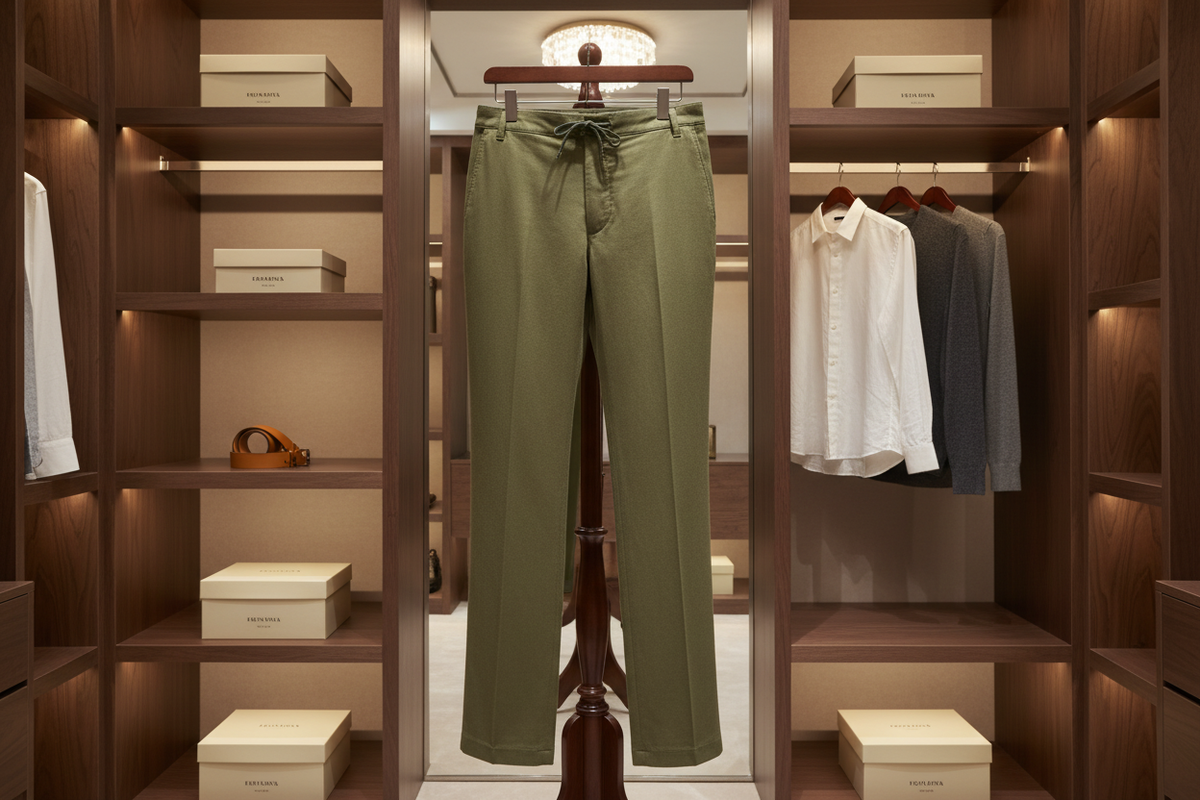 Leinenhose in Khaki, seitliche Ansicht mit elastischem Bund und Nähte.