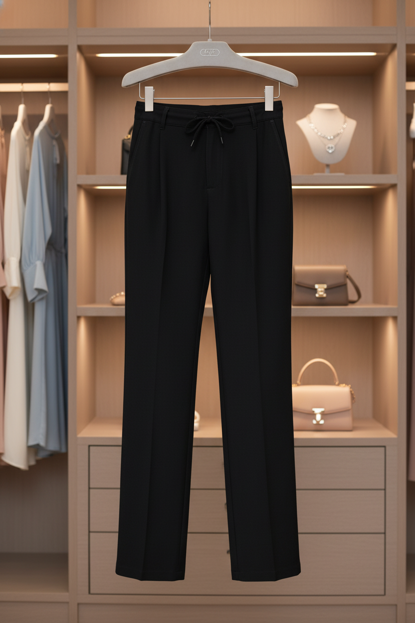 Modell trägt die schwarze Leinenhose, Regular‑Fit, in urbanem Umfeld.