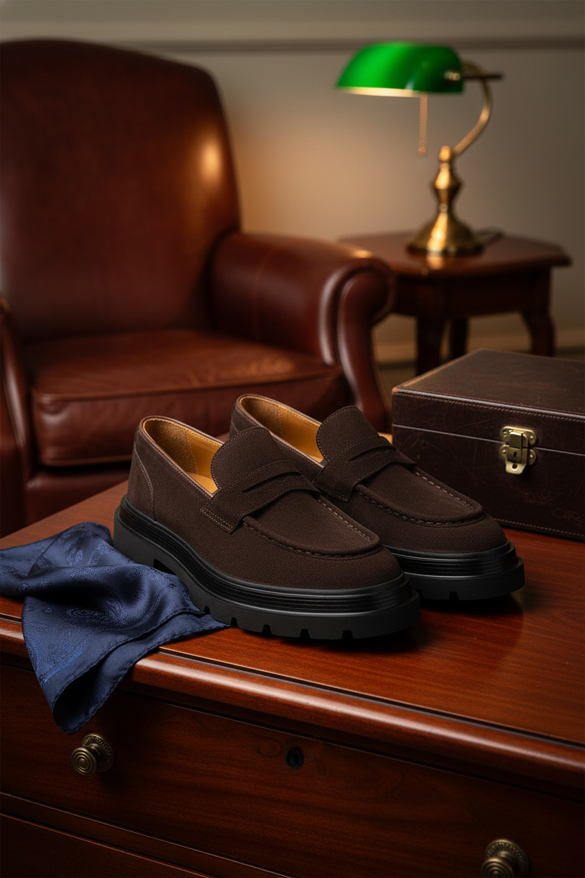Eleganter Holzboden zeigt den Wildleder-Schuh