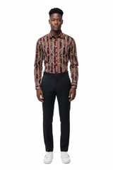 Folded slim fit shirt displayed with care label, indicating 100 % cotton satin material.