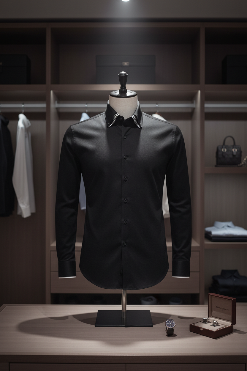 Mann trägt das schwarze Slim Fit Hemd mit Doppelkragen in Business-Setting