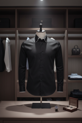 Mann trägt das schwarze Slim Fit Hemd mit Doppelkragen in Business-Setting