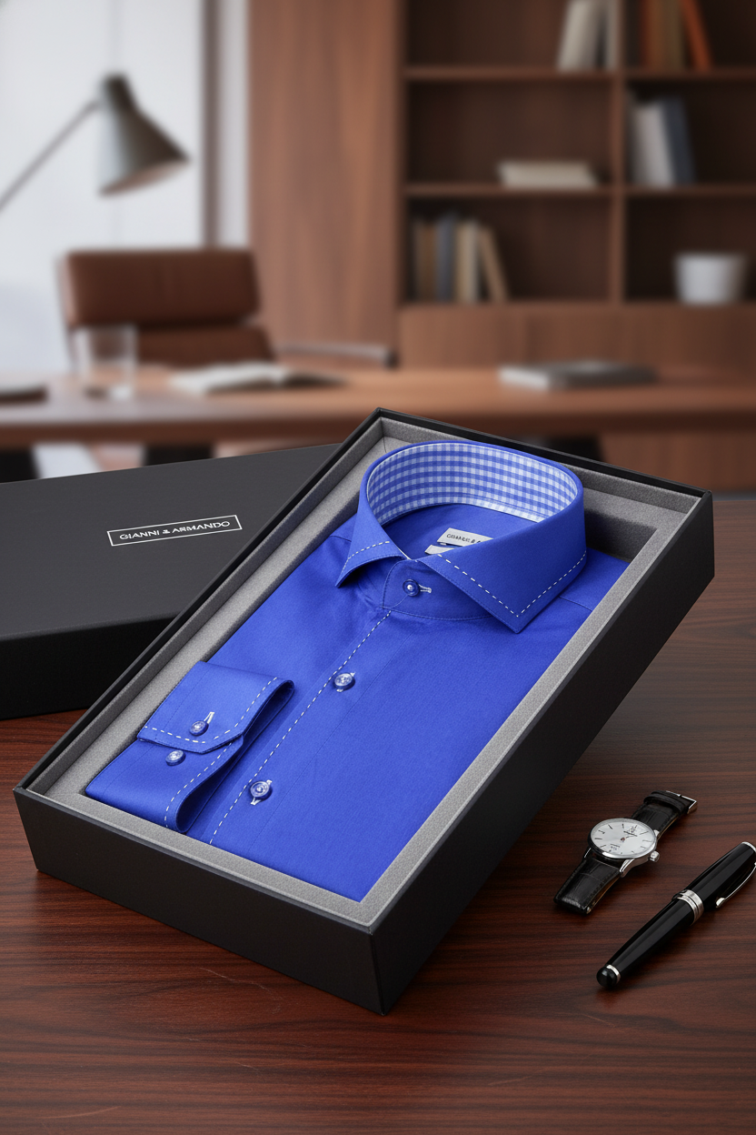 Model trägt das blaue Slim Fit Herrenhemd, ideal für Business‑Outfits