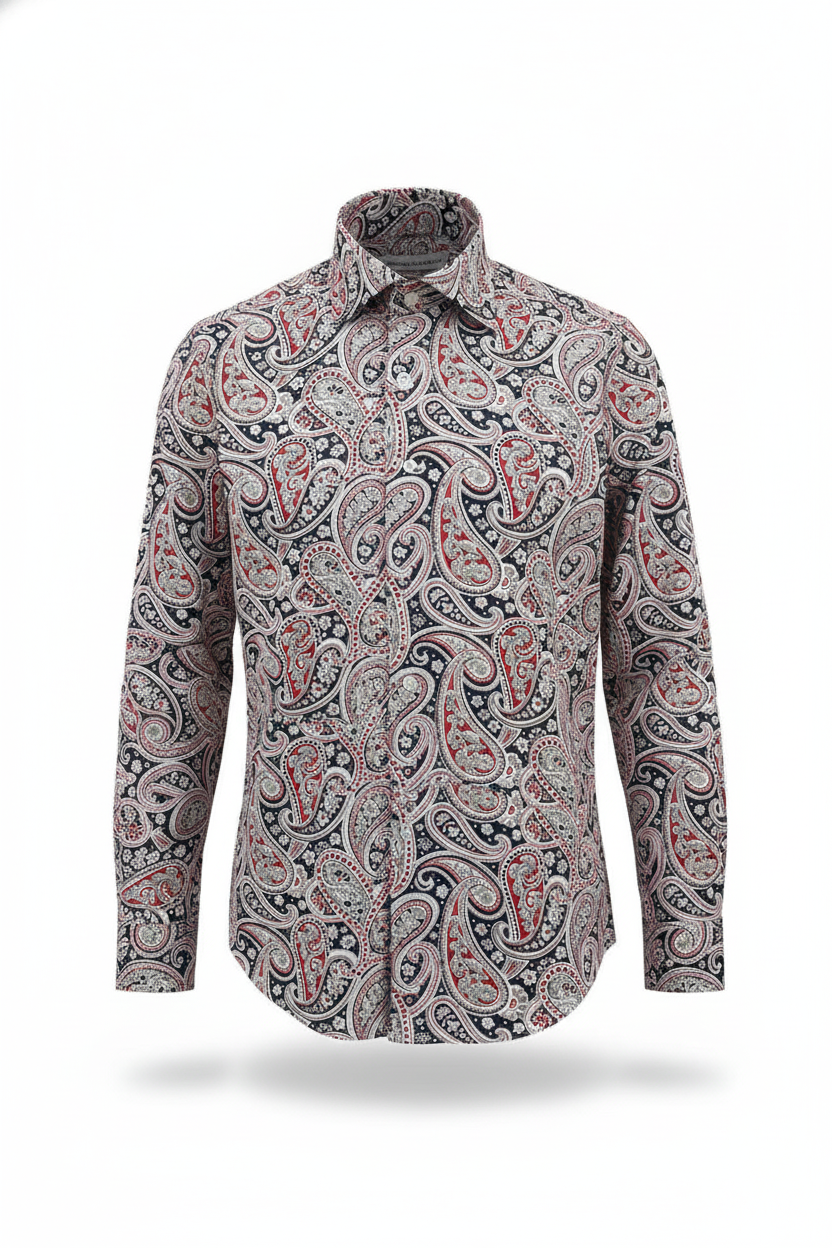 Verpackung des Herren-Slim-Fit-Hemd mit Paisley-Muster, hochwertiges Geschenkpapier.