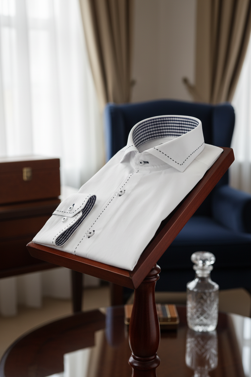 Model wearing the Gianni & Armando Slim Fit Herrenhemd in a formal setting, showcasing the elegant white satin fabric