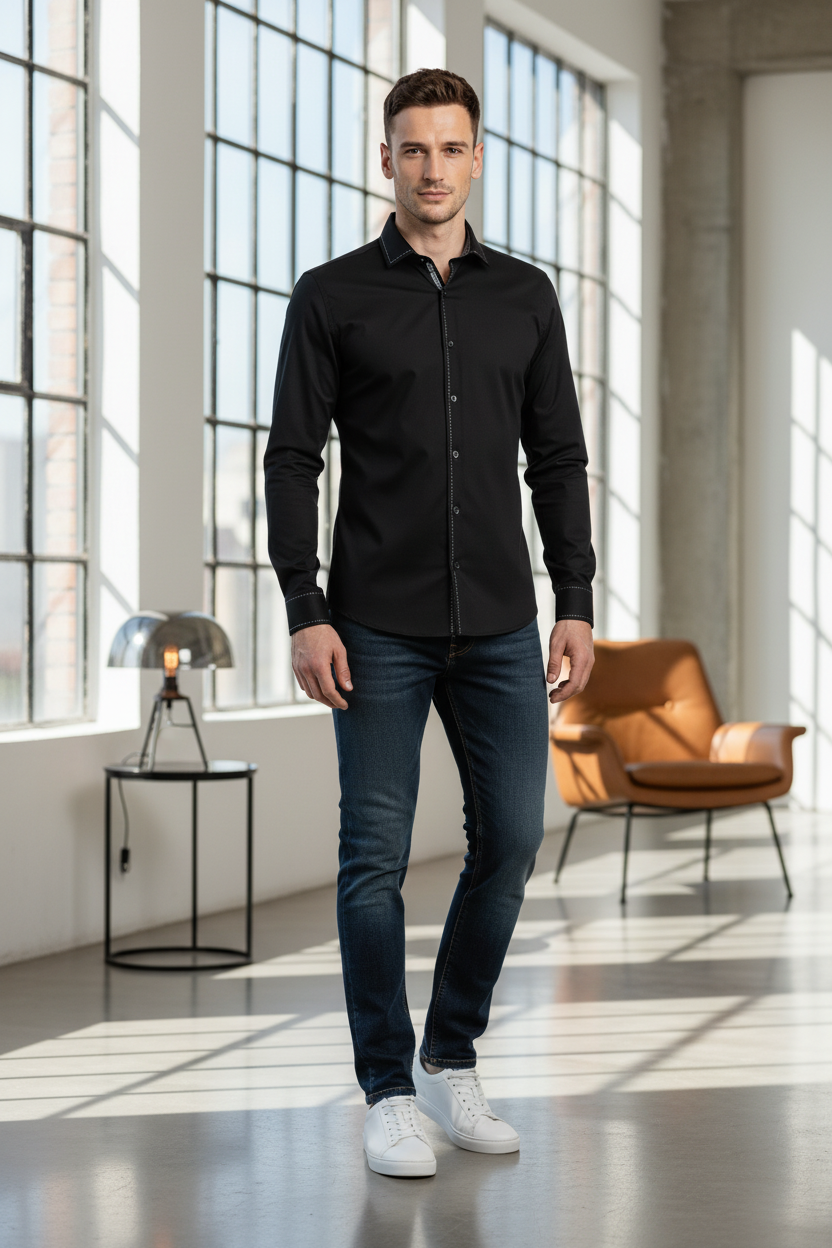 Rückansicht des Slim Fit Herrenhemds, zeigt den italienischen Kragen und die kontrastreichen weißen Punktnähten