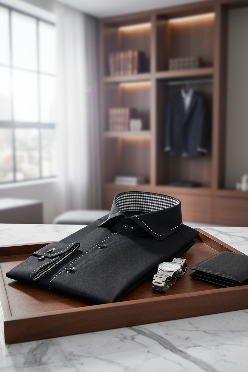 Herren trägt das Slim Fit Hemd in Schwarz, kombiniert mit dunklen Jeans, für einen modernen Business-Look