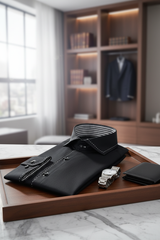 Herren trägt das Slim Fit Hemd in Schwarz, kombiniert mit dunklen Jeans, für einen modernen Business-Look