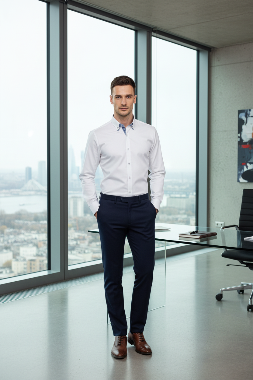 Rückansicht des Hemdes, die klare Nähte und die Slim Fit Passform sind gut sichtbar.