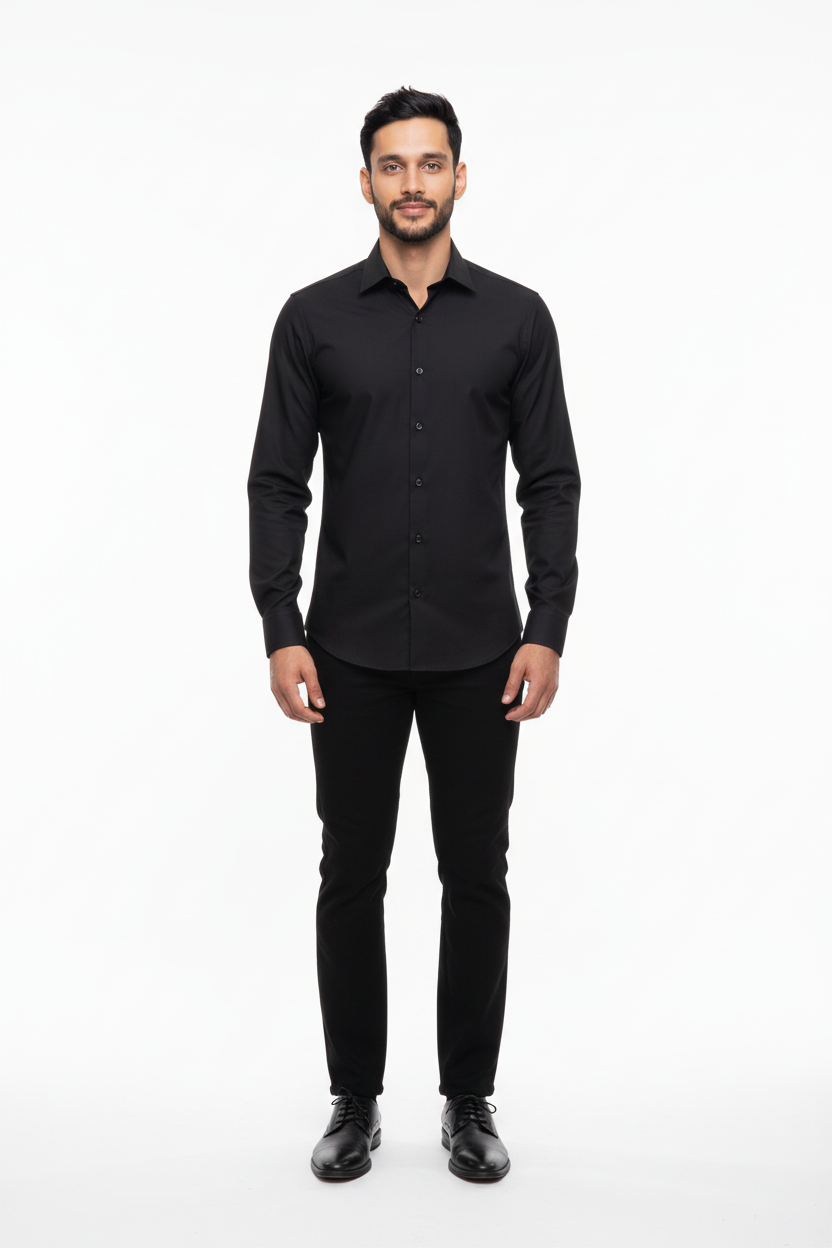 Vue détaillée du col italien de la chemise de business Slim Fit noire