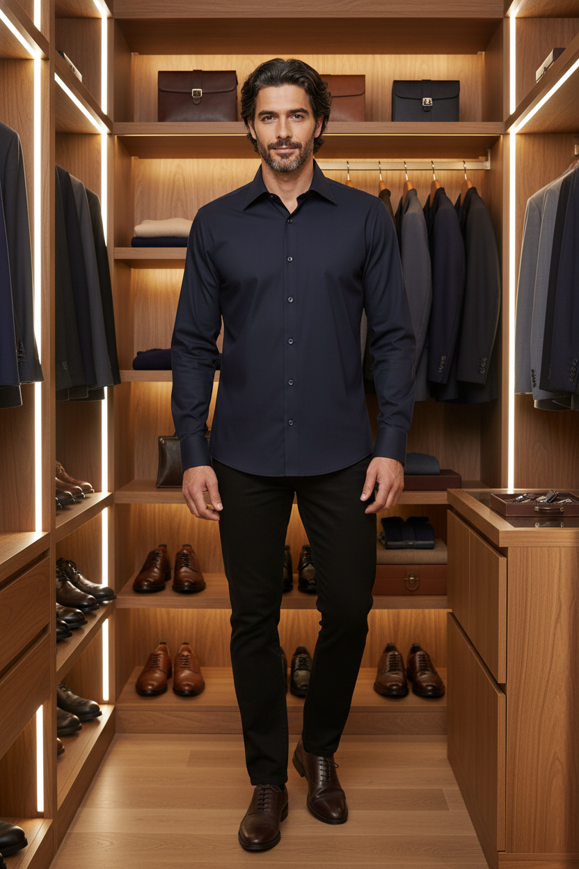 Chemise Slim Fit pliée à col pointu – look business noir en bundle