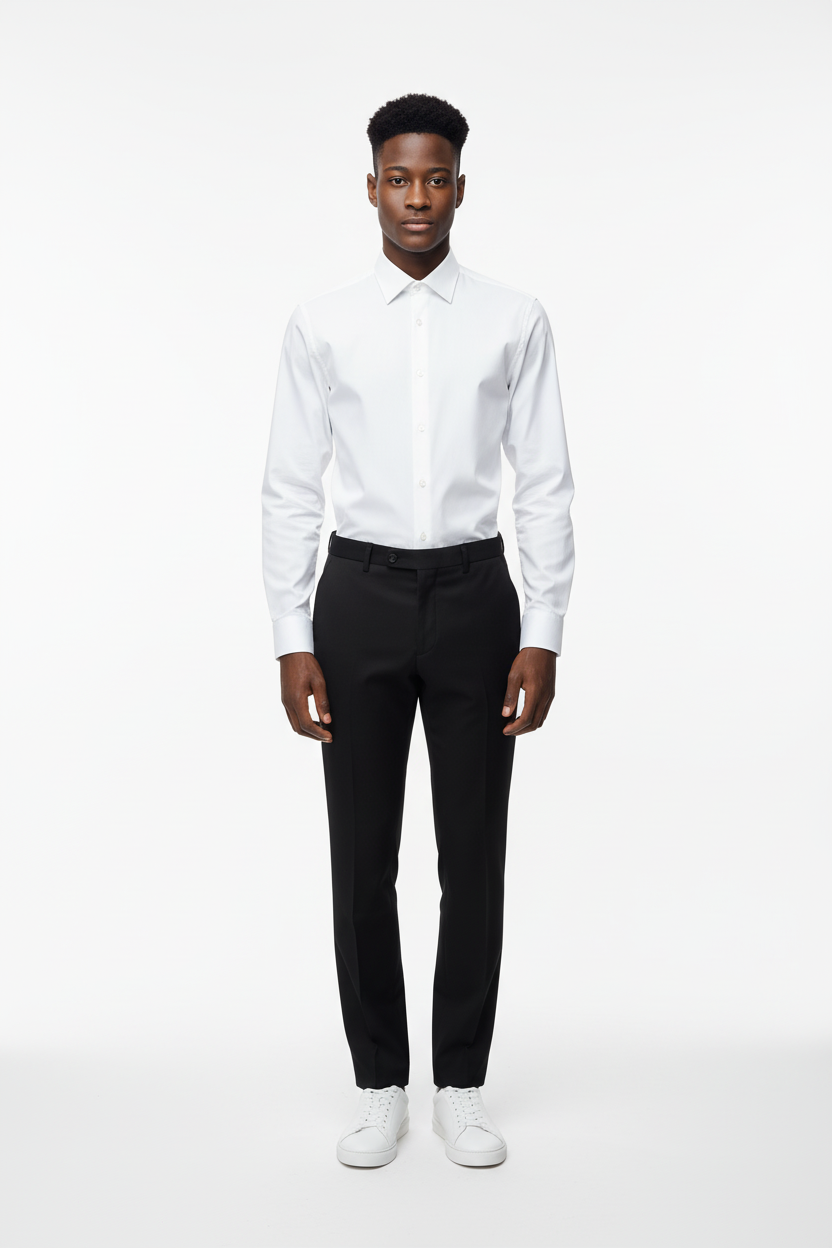 Le mannequin porte la chemise slim-fit blanche à col long dans un cadre professionnel