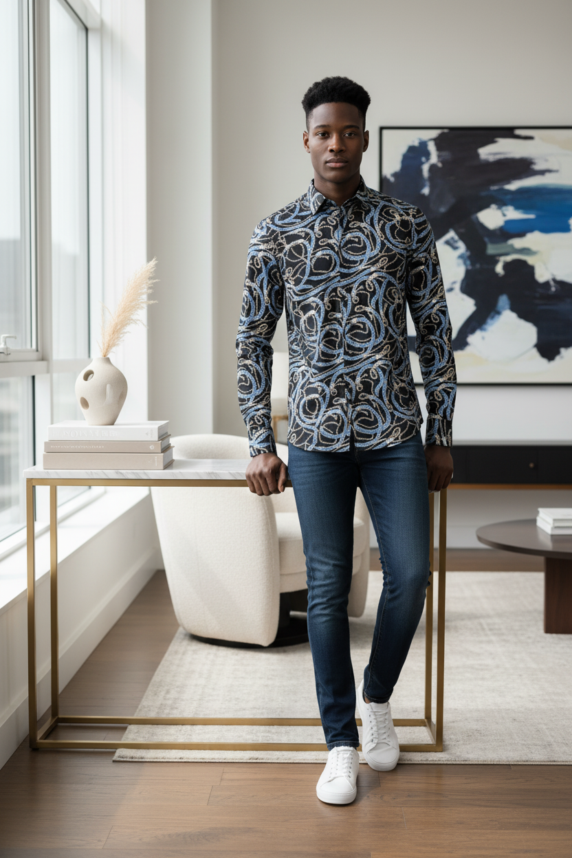 Vue de côté des manches longues de la chemise homme slim-fit, révélant l'élégante texture satinée.